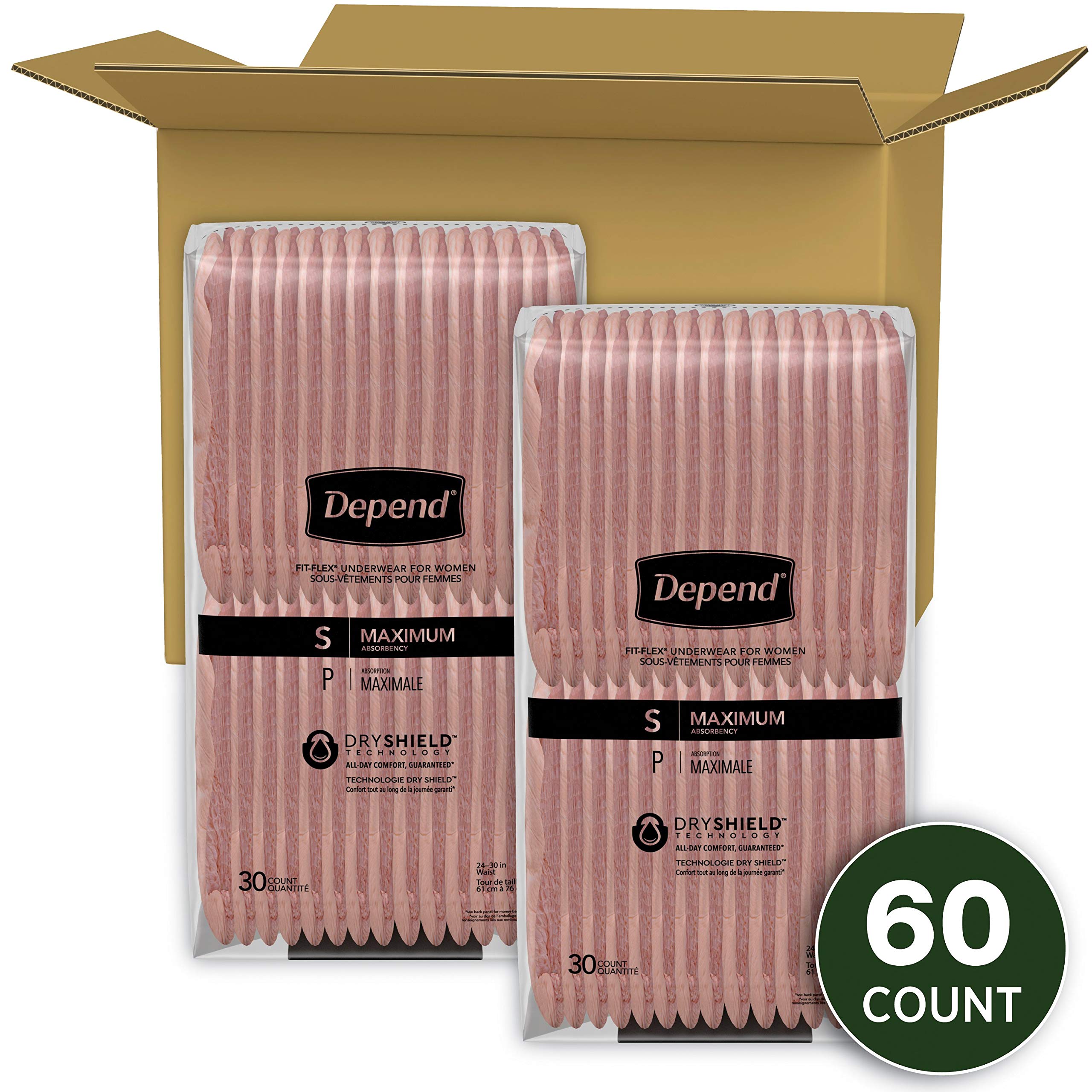 Depend FIT-FLEX Incontinence Underwear for Women, Disposable, Maximum Absorbency, S, Blush, 60 Count