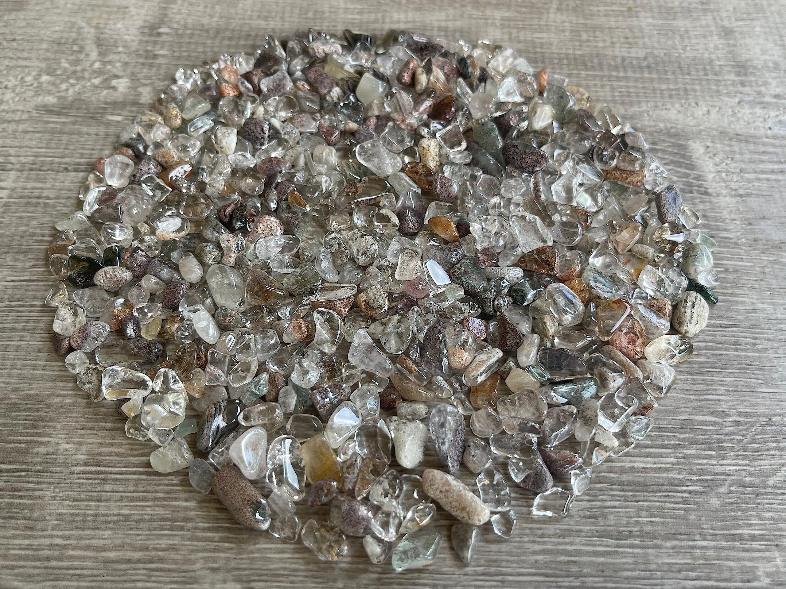 GAF TREASURES 2 oz Lot Natural Semi Tumbled Gemstone Chips, Crushed Mini Crystals, Undrilled Crystal Chips (Rutilated Quartz Mix