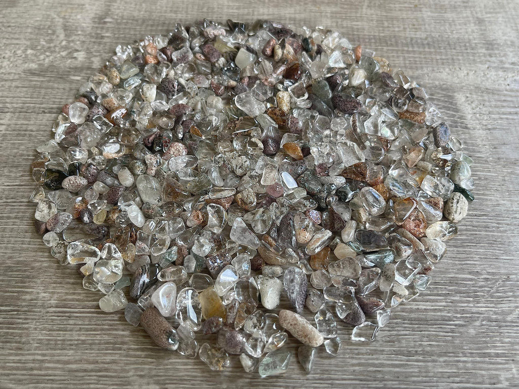GAF TREASURES 2 oz Lot Natural Semi Tumbled Gemstone Chips, Crushed Mini Crystals, Undrilled Crystal Chips (Rutilated Quartz Mix
