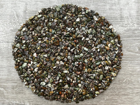 GAF TREASURES 2 oz Lot Natural Semi Tumbled Rhyolite Gemstone Chips, Crushed Mini Rhyolite Crystals, Undrilled Crystal Chips (Rh