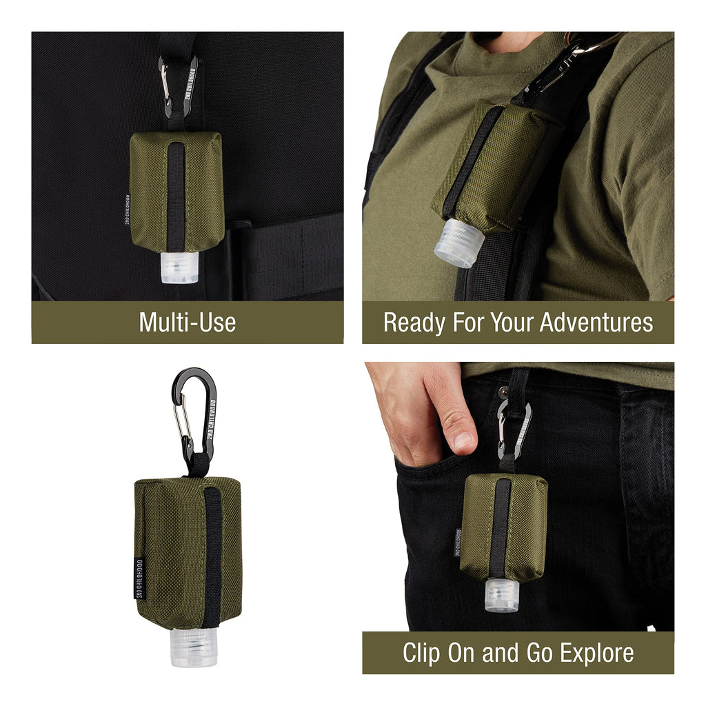 2nd Childhood Hand Sanitizer Holder Bag; Travel Size Empty 2 oz Refillable Bottle; Carabiner Clips on to Backpack or Purse