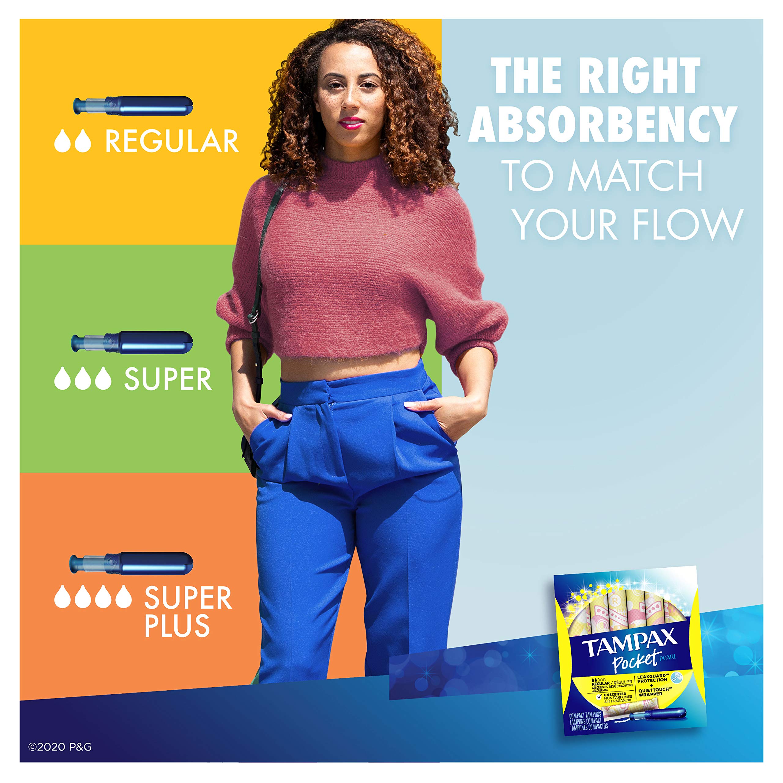 Tampax Pocket Pearl Tampons Regular Absorbency with LeakGuard Braid, Unscented, 32 Count