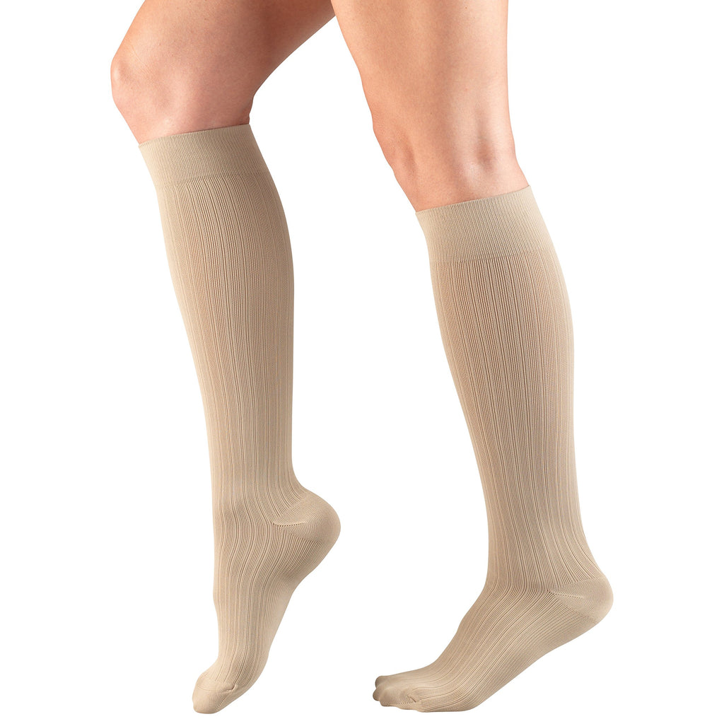 Truform Compression Socks, 15-20 mmHg, Women's Dress Socks, Knee High Over Calf Length, Tan Rib Knit, Medium