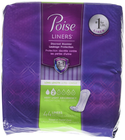 Poise Liners for Light Bladder Leakage, Long Length, Very Light Absorbency, 44 Count (Pack of 2)