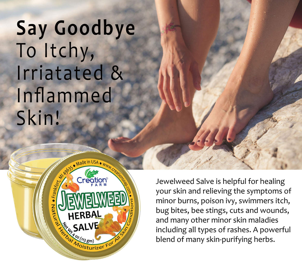 Creation Farm Jewelweed Balm, Poison Ivy Remedy, Herbal Tea Tree Salve Jar Skin Treatment Helps Tattoos, Soothes Rashes, No Glu
