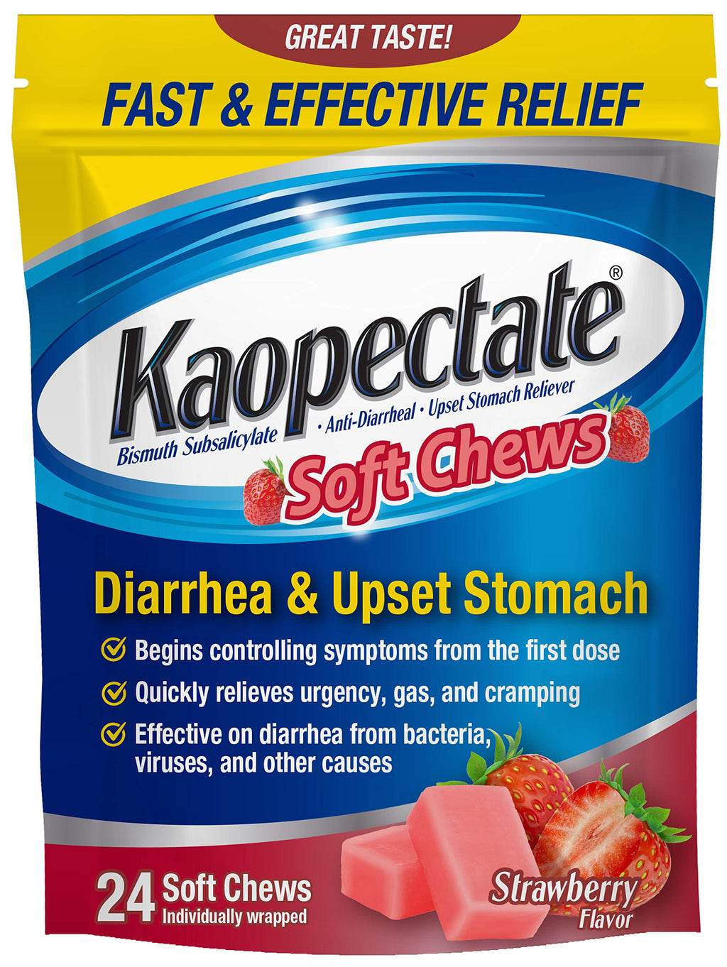 Kaopectate Strawberry Soft Chews 24 Count - Diarrhea Medication for Adults with Bismuth Subsalicylate, Anti-Diarrhea Medicine fo