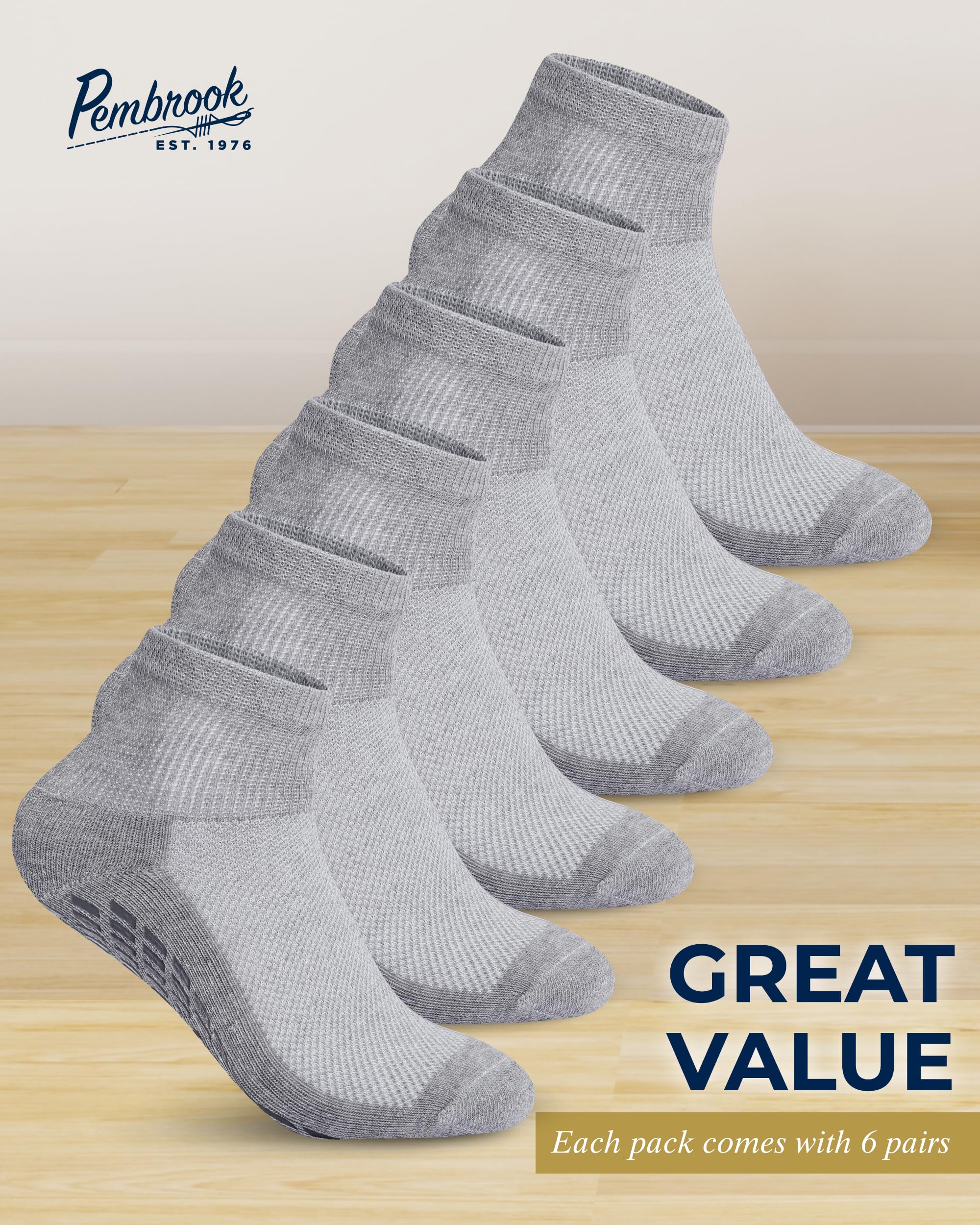Pembrook Diabetic Ankle Socks for Men & Women with Grips | 6 Pairs Quarter Length Wide Non Binding Diabetic Socks for Men Non Sl