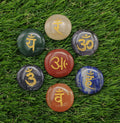 Amazing Gemstone 7 Chakra Disc Set Reiki Healing Crystal with Engraved Chakra OM Symbols Holistic Balancing Polished Palm Stones