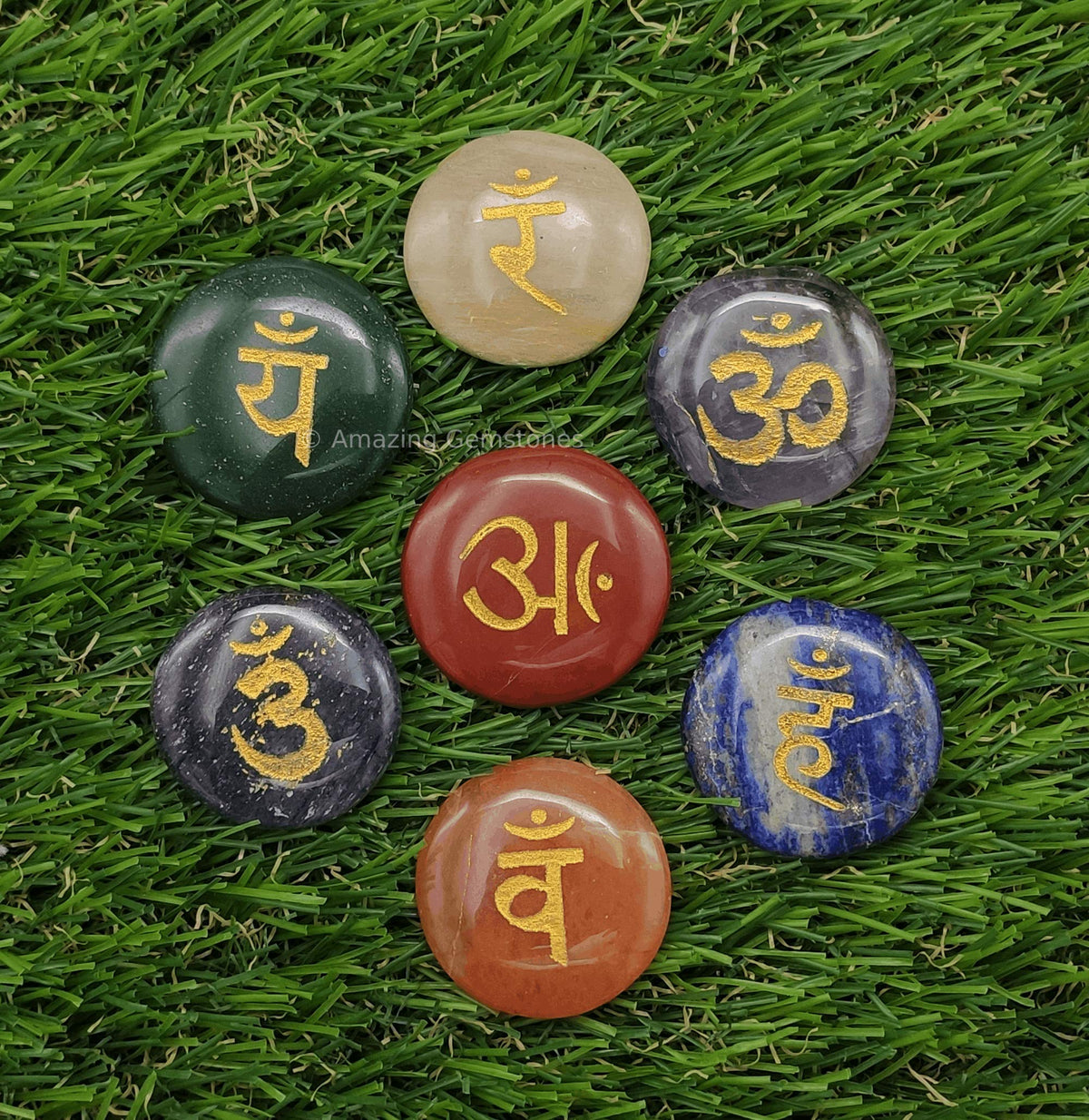 Amazing Gemstone 7 Chakra Disc Set Reiki Healing Crystal with Engraved Chakra OM Symbols Holistic Balancing Polished Palm Stones