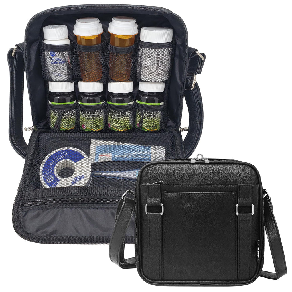 StarPlus2 Medium 2-in-1 Pill Bottle Organizer, Crossbody PU Leather Purse for Women, Medicine Bag, Case, Carrier for Medications