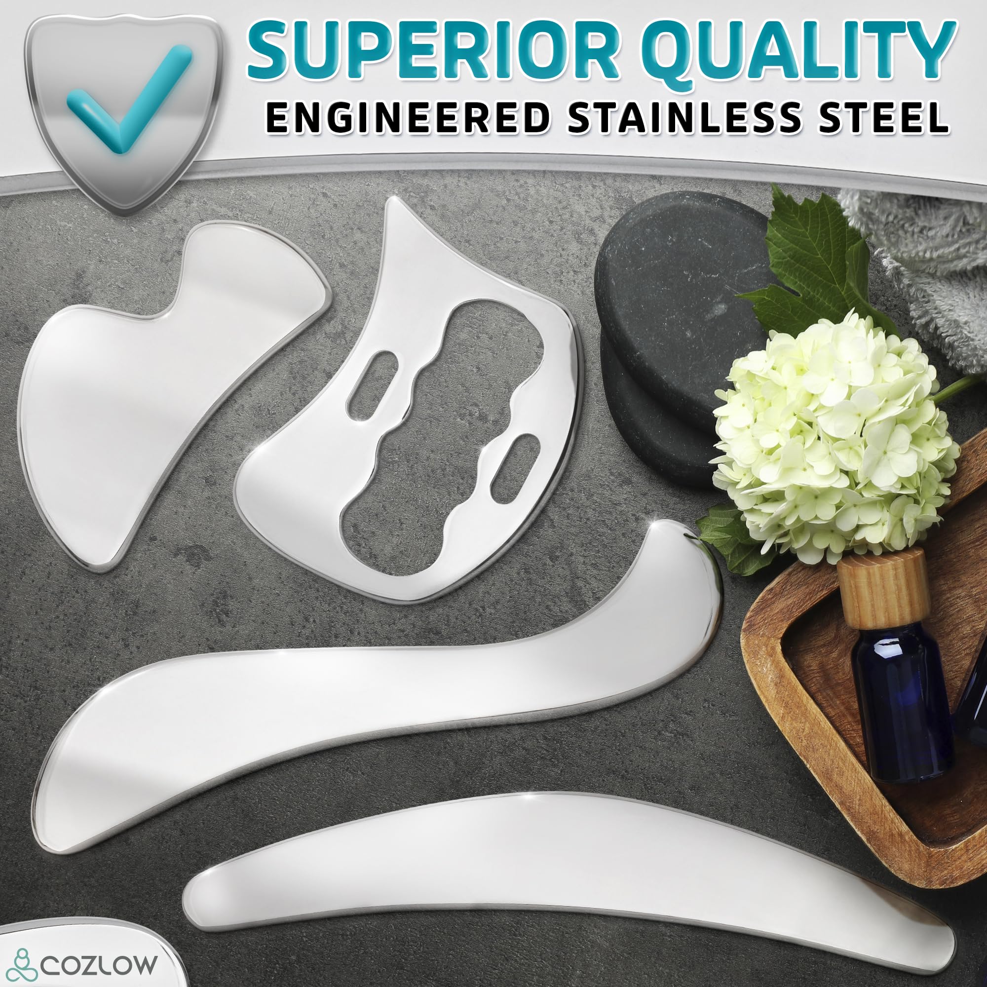 COZLOW 4-in-1 Muscle Scraper Tool Set - Skin Scraping Massage Tools for IASTM Therapy - Deep Tissue Gua Sha for Soft Tissue Mobi