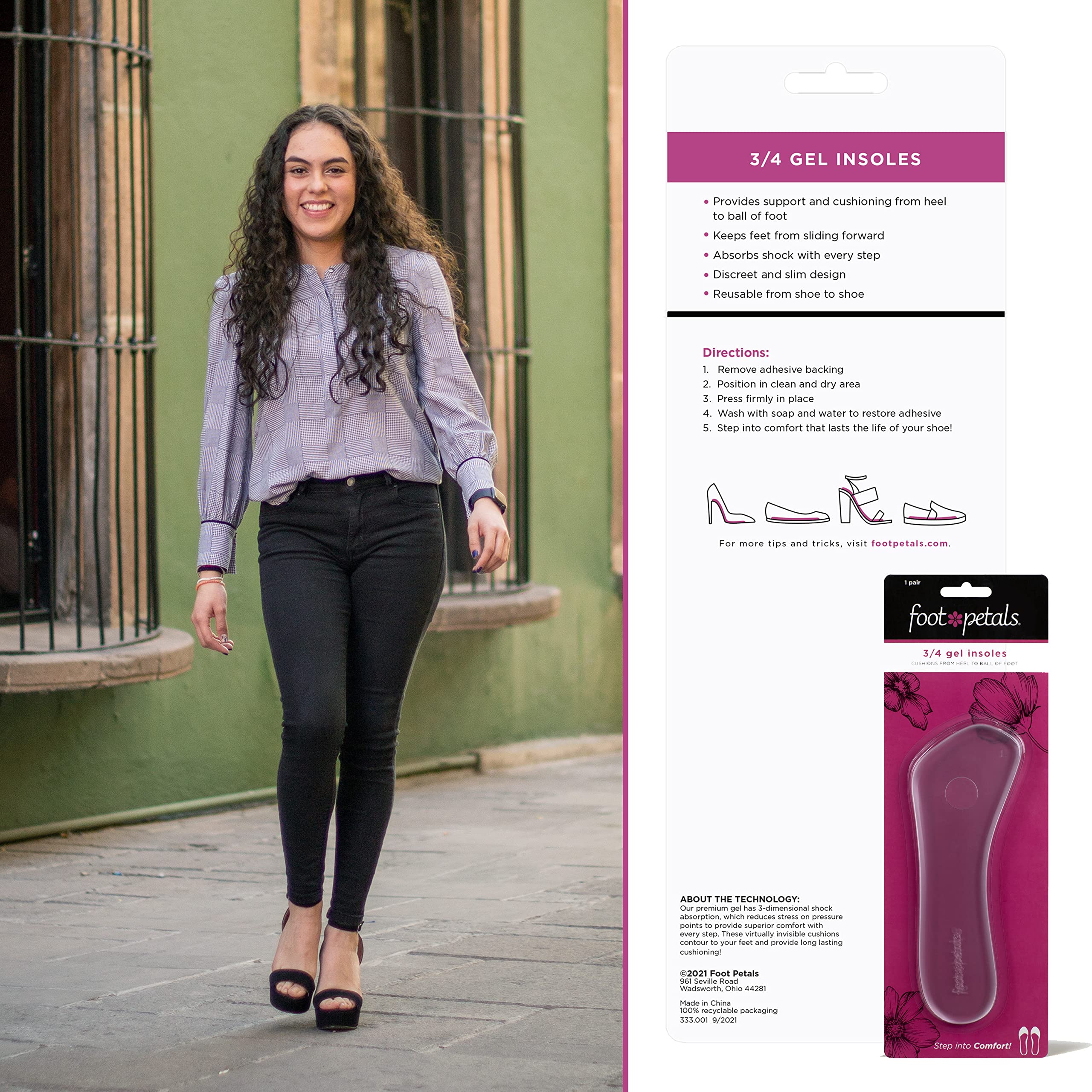 Foot Petals 3/4 Insole Cushions, Prevent Feet From Sliding Forward, Callus Prevention, Womens Heels, Wedges, Sandals, 1 pair, G