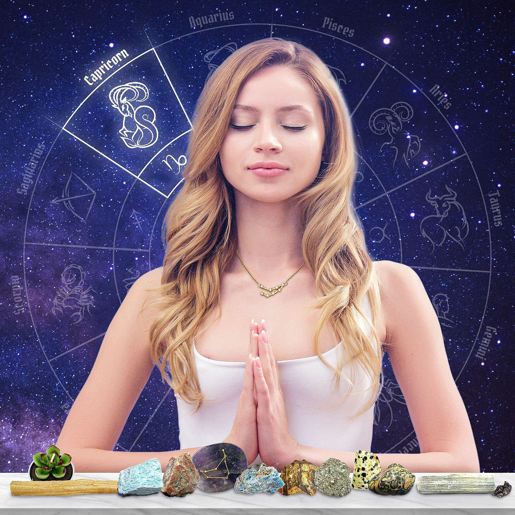 DANCING BEAR Capricorn Zodiac Healing Crystals Gift Set (14 Pc): 9 Stones, 18K Gold-plated Constellation Necklace, Meteorite, Su