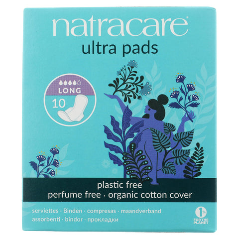 Natracare Slim Fitting Ultra Pads with Wings, Long, Made with Certified Organic Cotton, Ecologically Certified Cellulose Pulp an