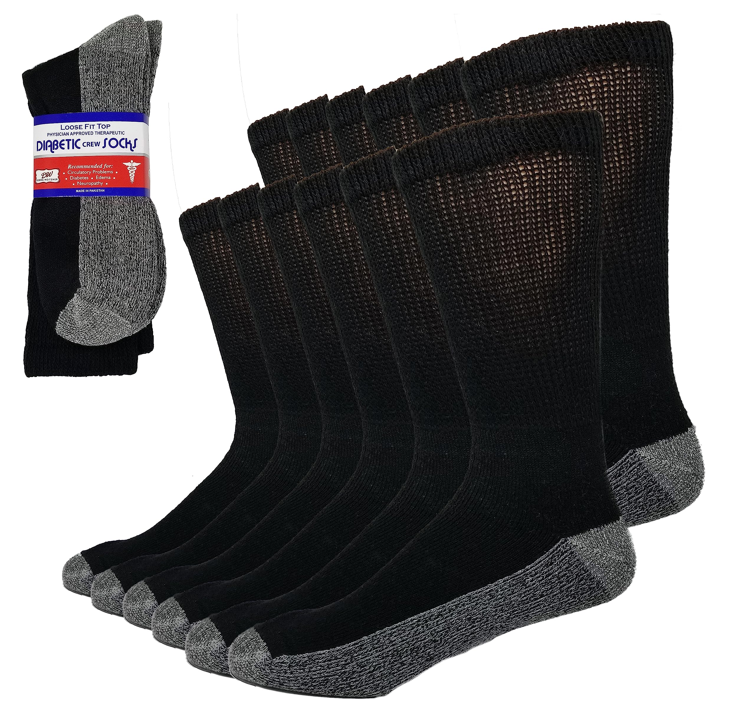 Debra Weitzner 6 Pairs Diabetic Crew Socks Reinforced Heel and Toe Non-Binding Cushion Socks for Men and Women Black/Black Sole 