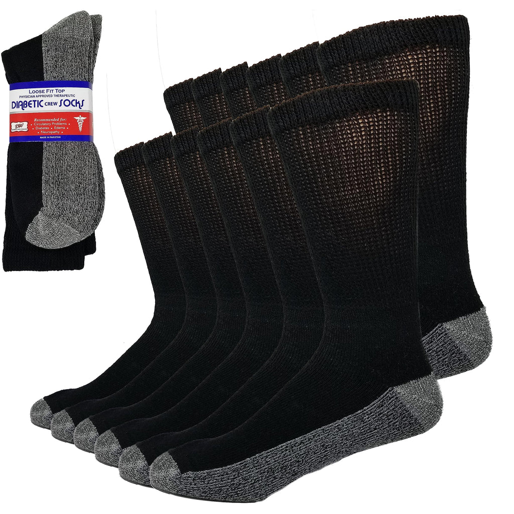 Debra Weitzner 6 Pairs Diabetic Crew Socks Reinforced Heel and Toe Non-Binding Cushion Socks for Men and Women Black/Black Sole 