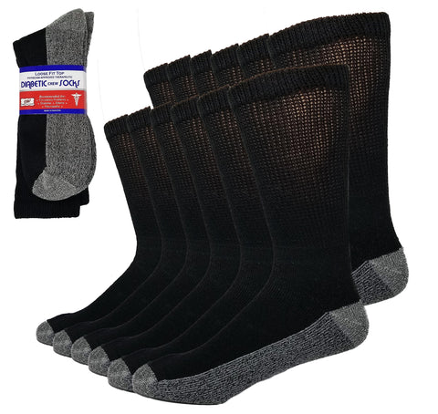Debra Weitzner 6 Pairs Diabetic Crew Socks Reinforced Heel and Toe Non-Binding Cushion Socks for Men and Women Black/Black Sole 