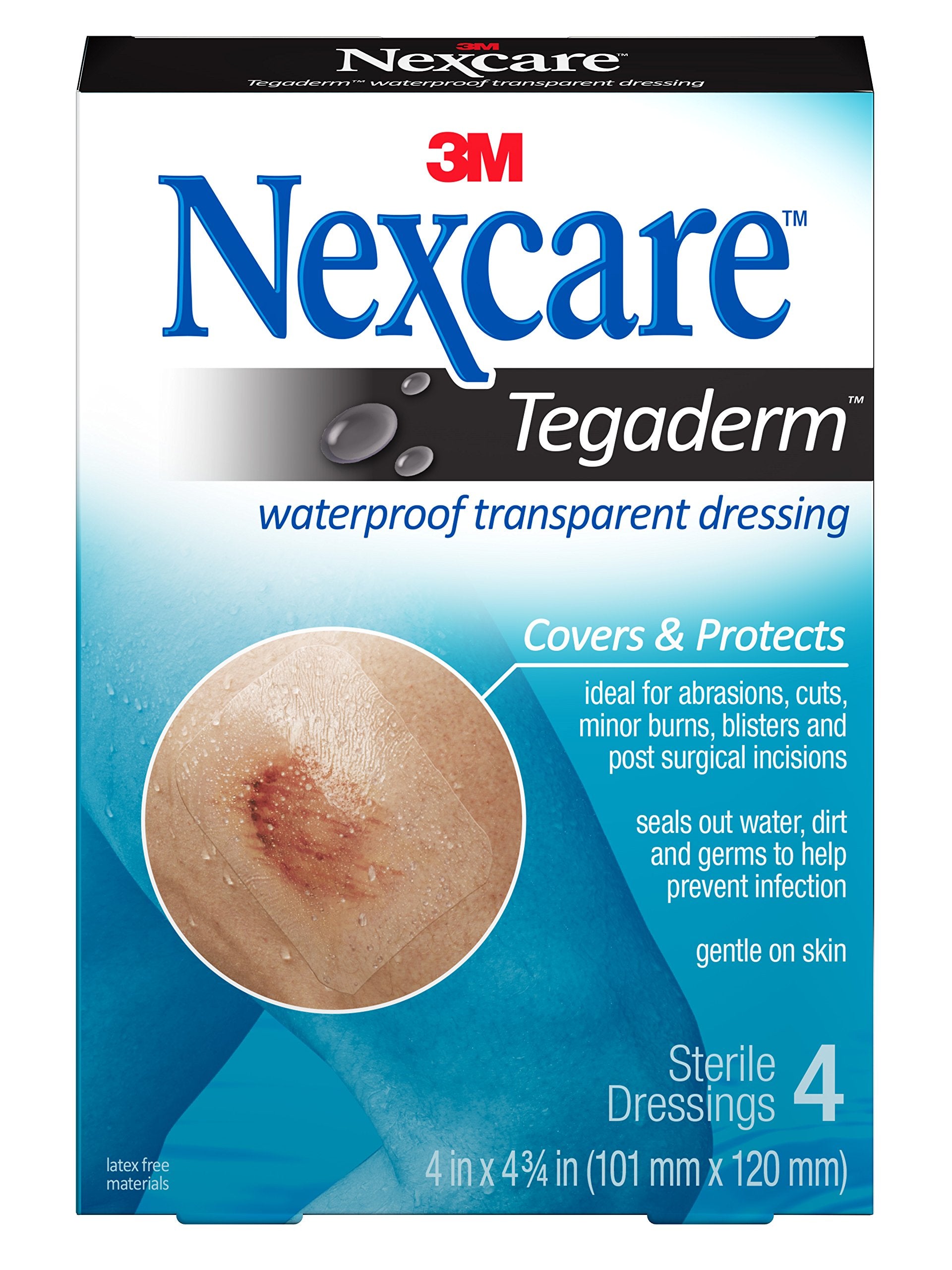 Nexcare Tegaderm Waterproof Transparent Dressing, Provides protection to minor burns, cuts, blisters and abrasions, 4 Ct, 4 In x