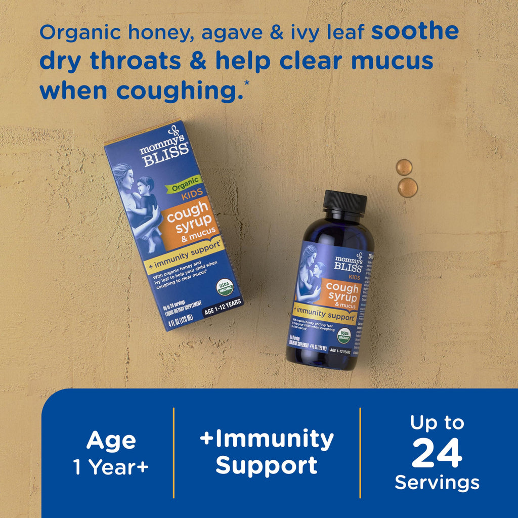 Mommys Bliss Organic Kids Cough Syrup and Mucus Relief + Immunity Support, Agave & Honey, Ivy Leaf, Elderberry, Zinc, Vitamin C