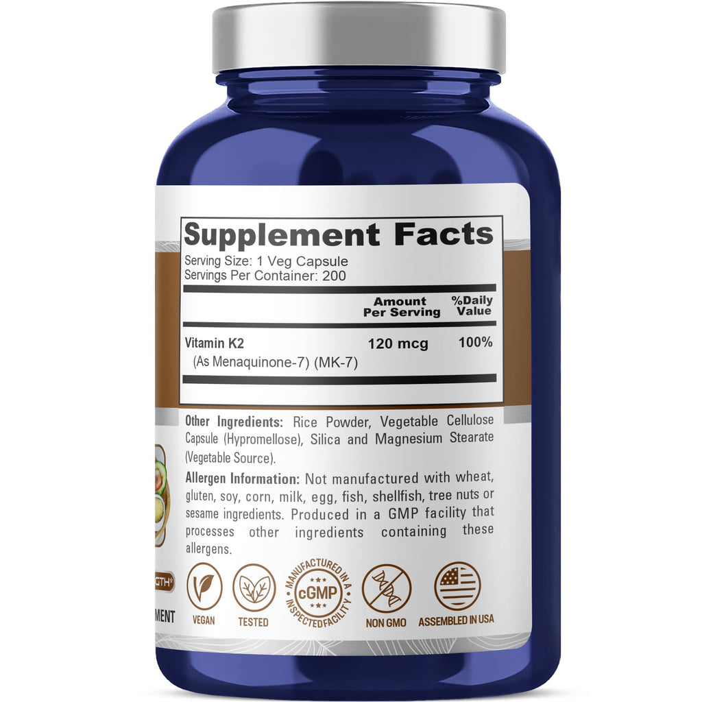 NusaPure Vitamin K2 MK7 120 mcg 200 Veggie Caps (Soy Free, Non-GMO, Vegan)