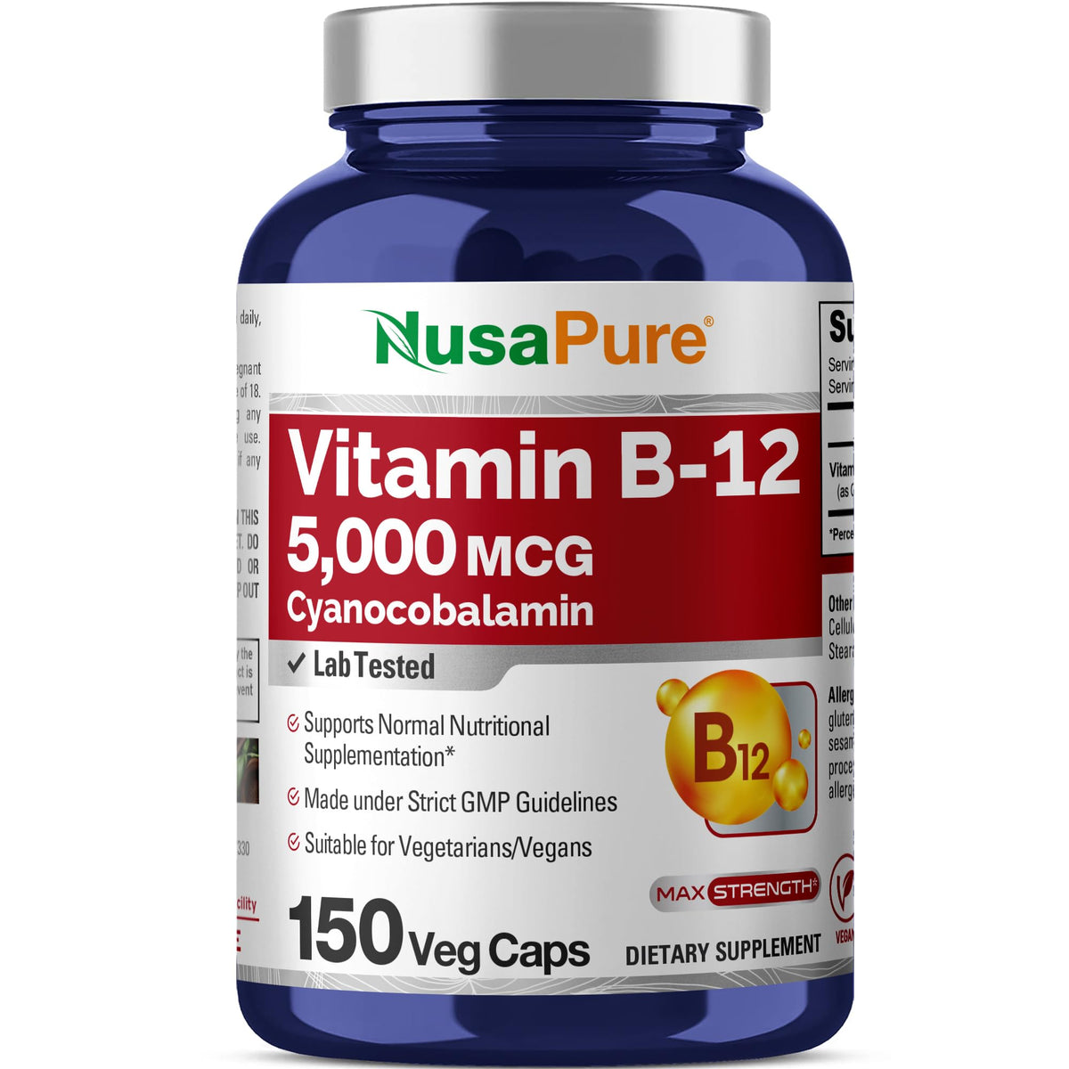 NusaPure Vitamin B12-5000 MCG 150 Veggie Capsules (Non-GMO, Vegan) - Max Strength Vitamin B12