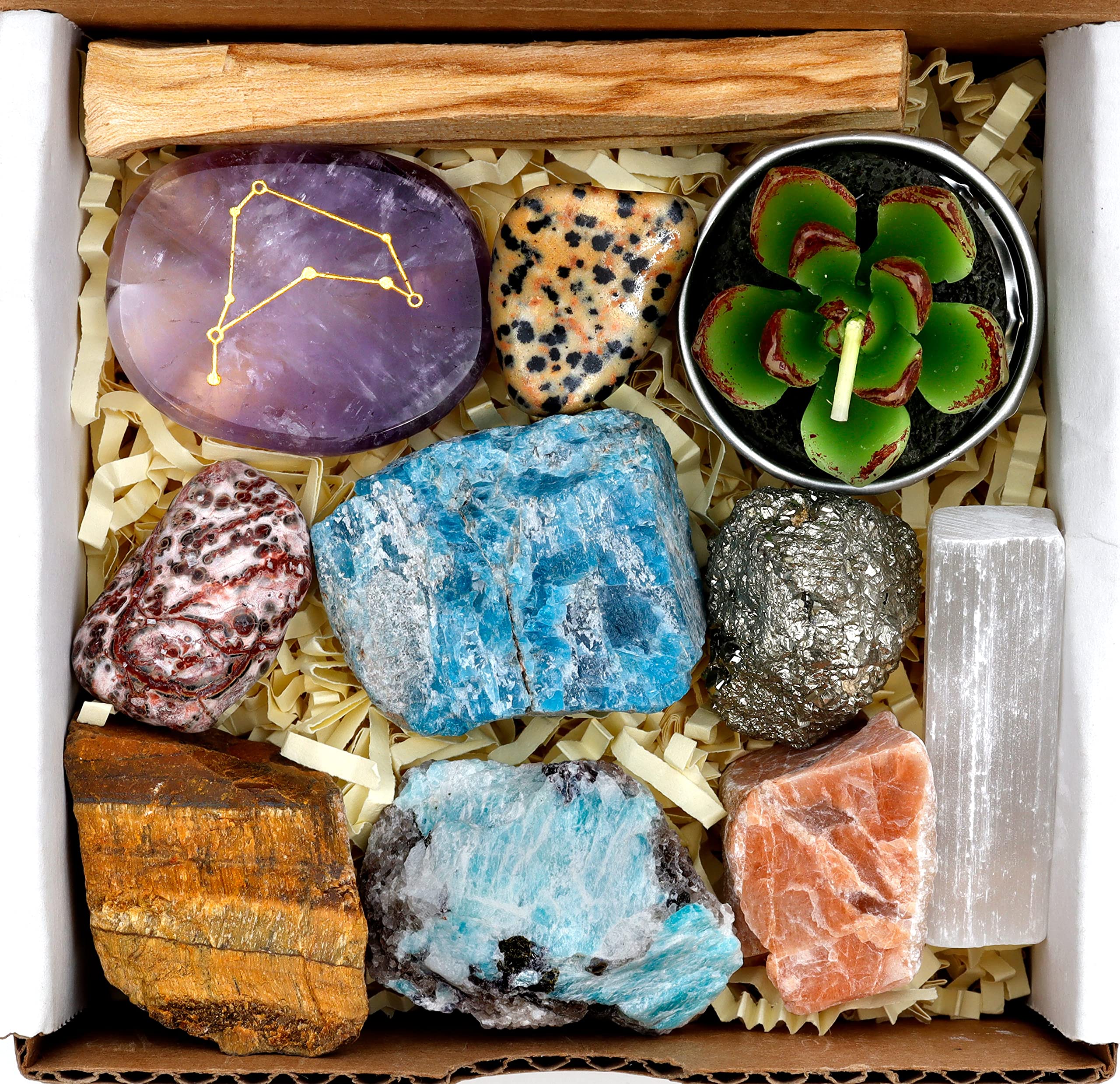 DANCING BEAR Capricorn Zodiac Healing Crystals Gift Set (14 Pc): 9 Stones, 18K Gold-plated Constellation Necklace, Meteorite, Su
