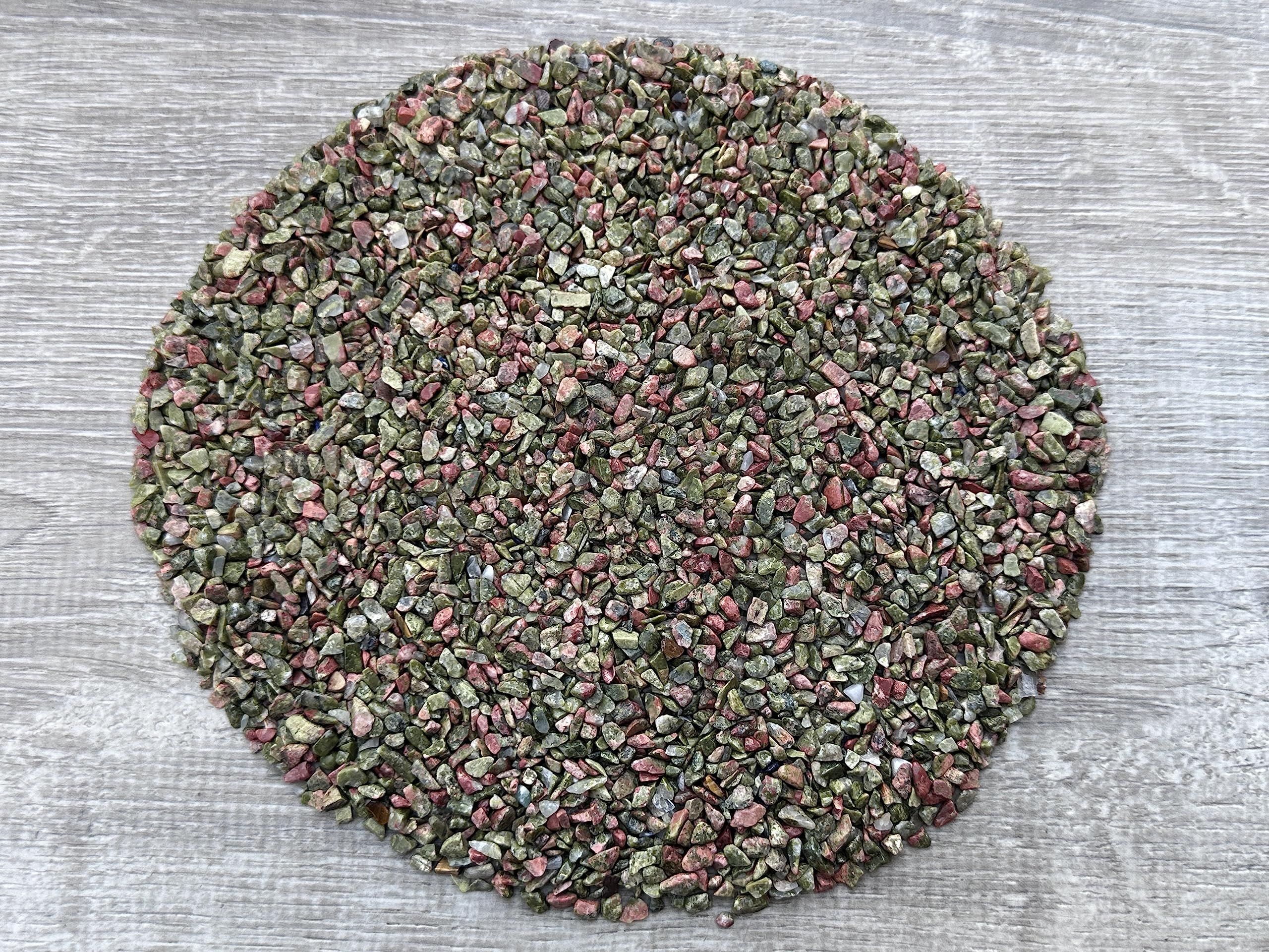 GAF TREASURES 2 oz Lot Natural Semi Tumbled Gemstone Chips, Crushed Mini Crystals, Undrilled Crystal Chips (Unakite)