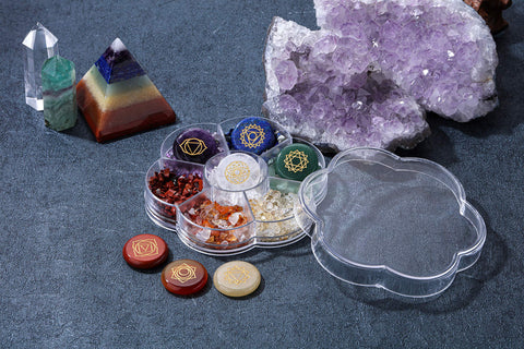 CrystalTears 7 Chakra Crystal Stones Natural Reiki Healing Crystals Gemstones with Engraved Chakra Symbol Tumbled Polished Chakr