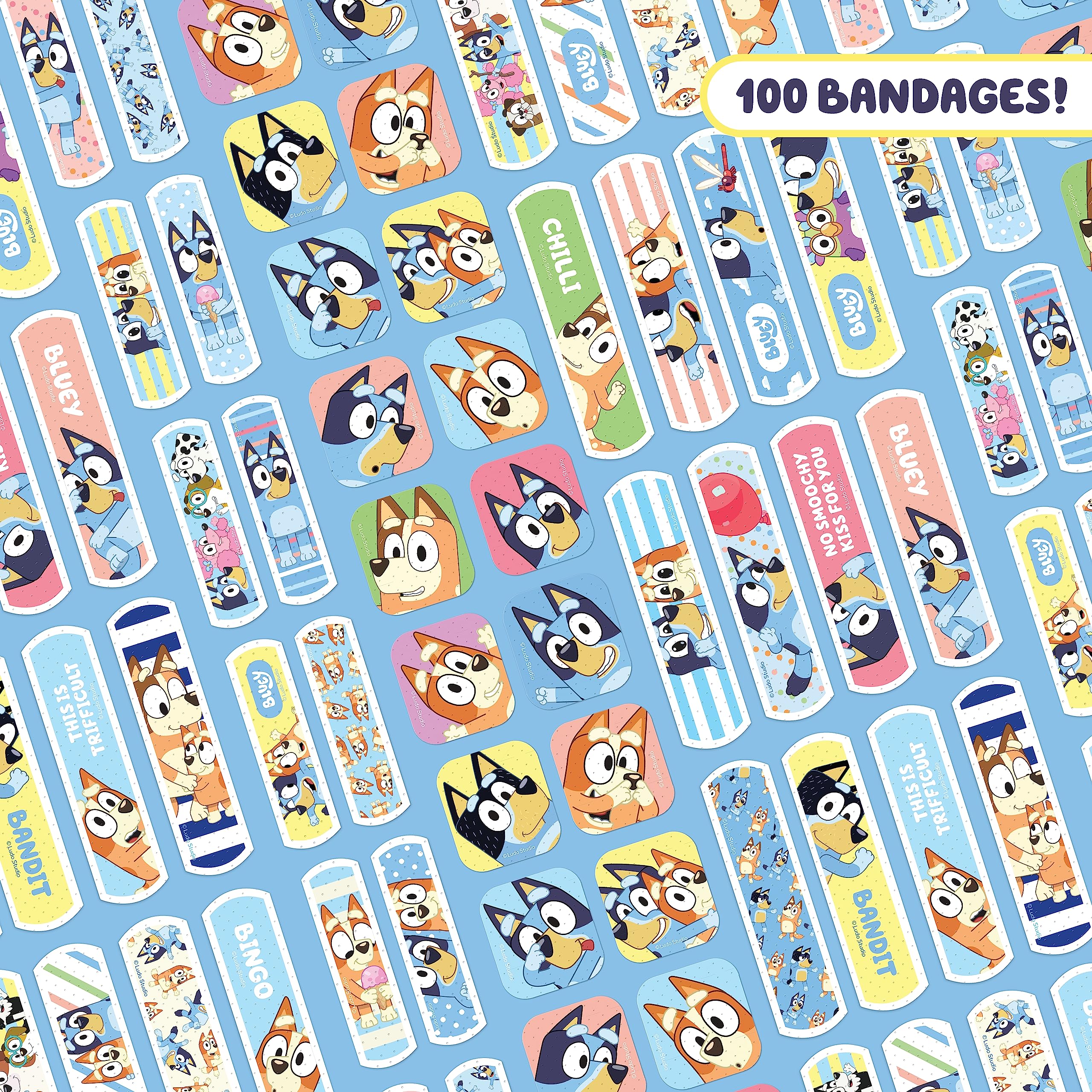 Bluey Kids Bandages, 3 Assorted Sizes 100 CT | Wear Like Stickers, Flexible Adhesive Bandages for Minor Cuts, Scrapes, and Burns
