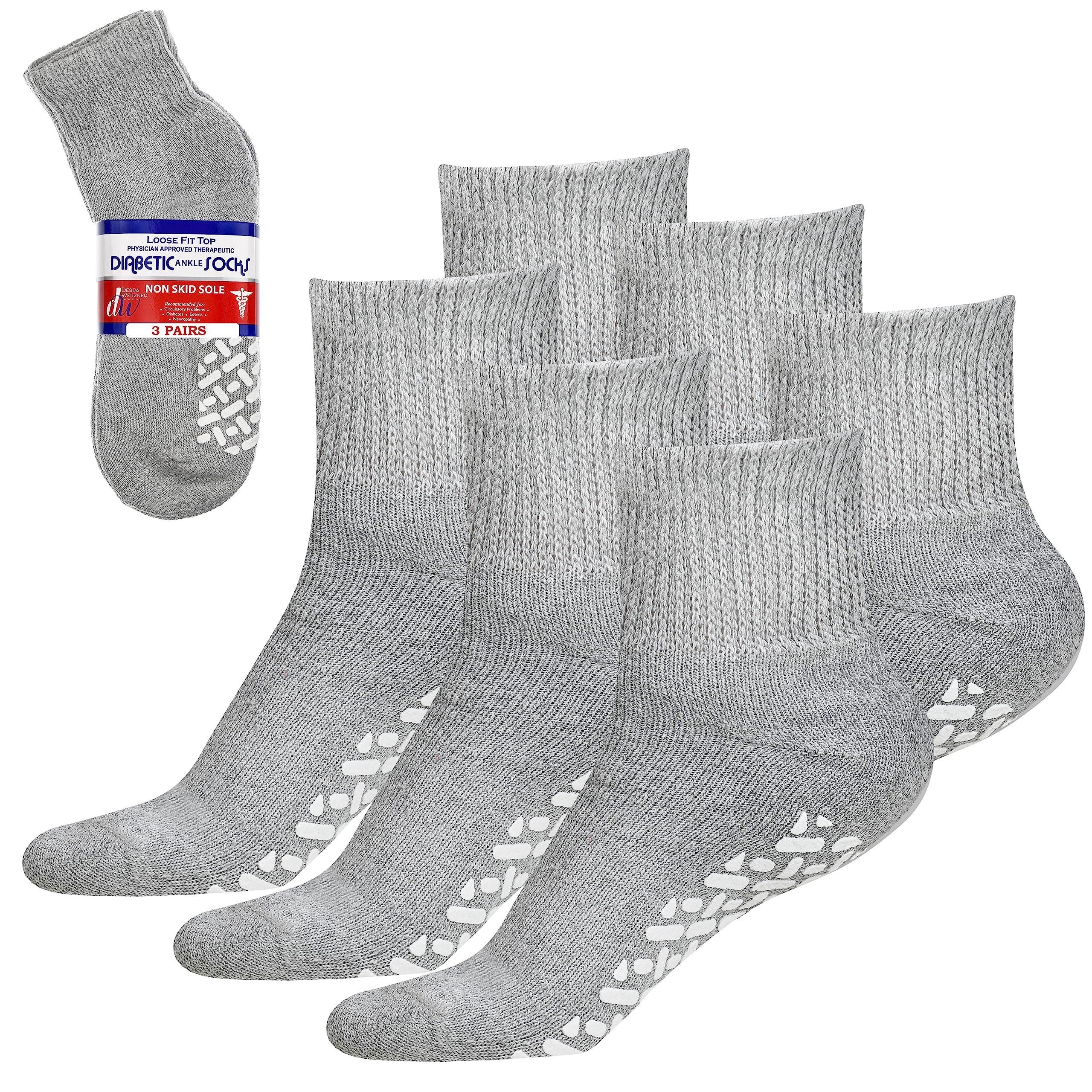 Debra Weitzner Loose Fit Non-Binding Sock - Diabetic Non-Slip Socks for Men and Women - Ankle 3Pk Grey