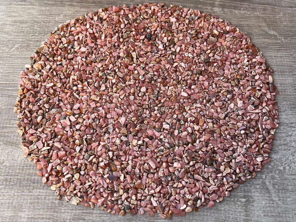 GAF TREASURES 2 oz Lot Natural Semi Tumbled Gemstone Chips, Crushed Mini Crystals, Undrilled Crystal Chips (Rhodochrosite)