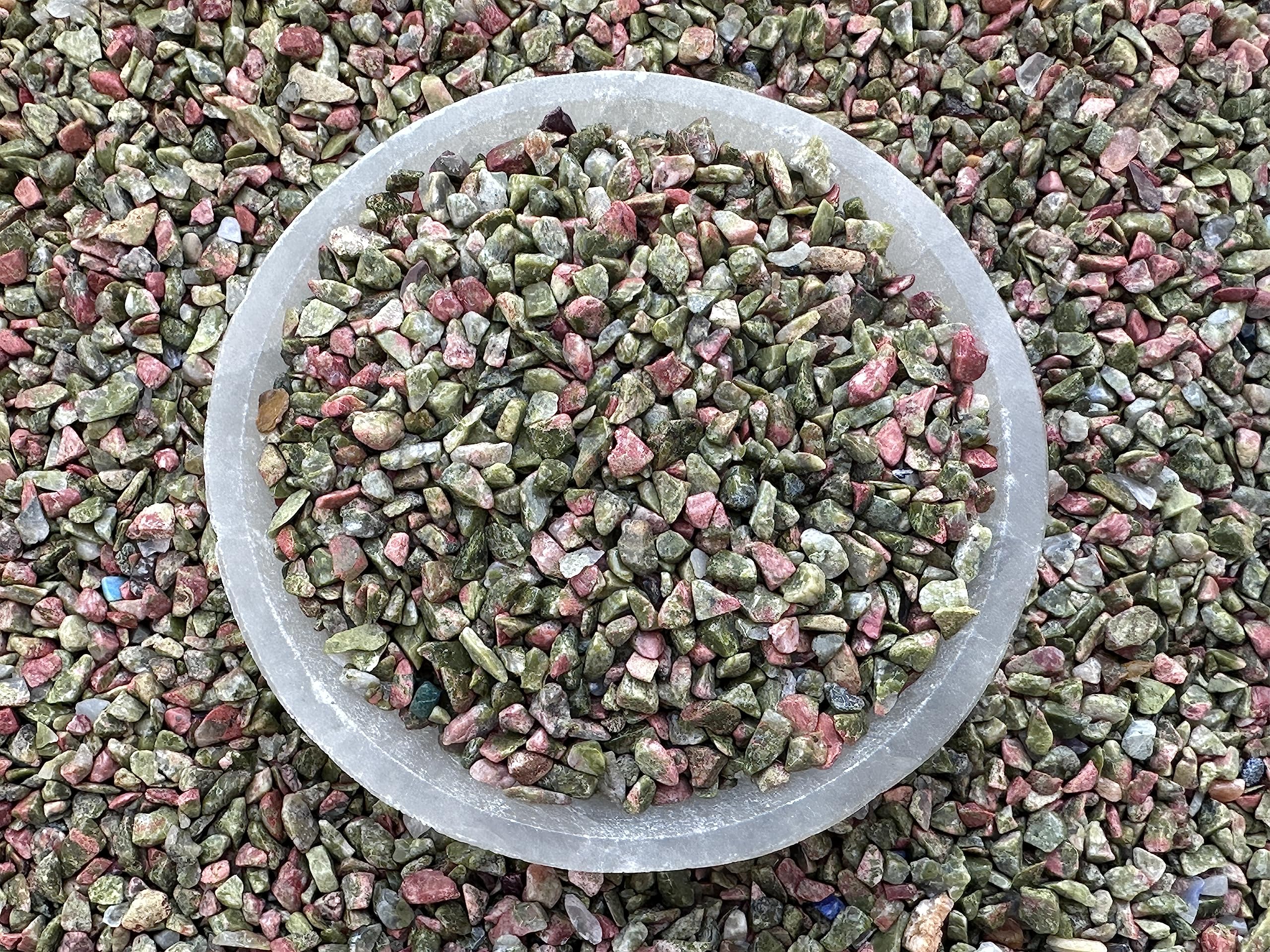 GAF TREASURES 2 oz Lot Natural Semi Tumbled Gemstone Chips, Crushed Mini Crystals, Undrilled Crystal Chips (Unakite)