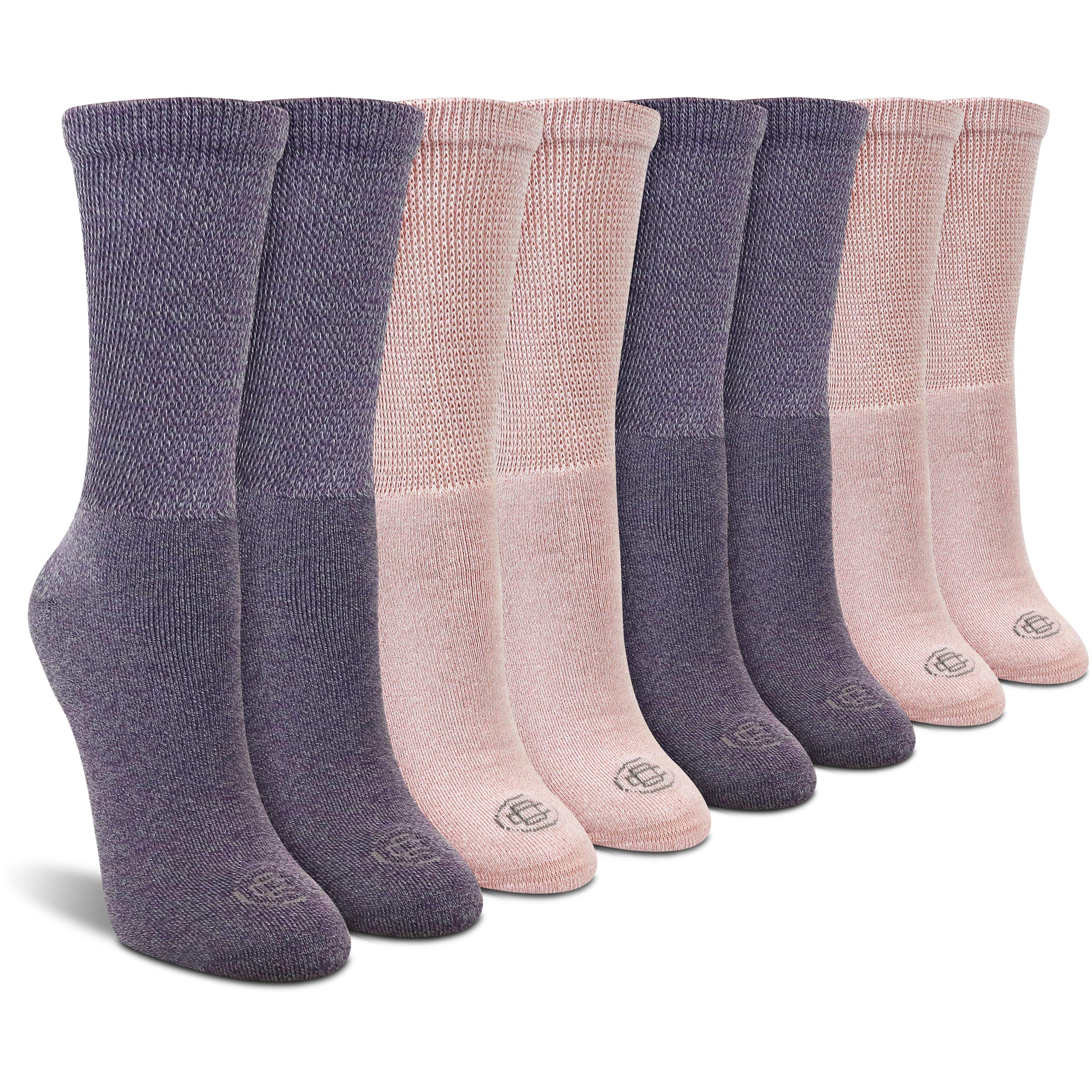 Doctor's Choice Women's Diabetic Socks, Non-Binding, Circulatory, Cushioned, Crew Socks for Swollen Feet, 4 Pack, Pink & Purple,