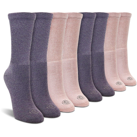 Doctor's Choice Women's Diabetic Socks, Non-Binding, Circulatory, Cushioned, Crew Socks for Swollen Feet, 4 Pack, Pink & Purple,