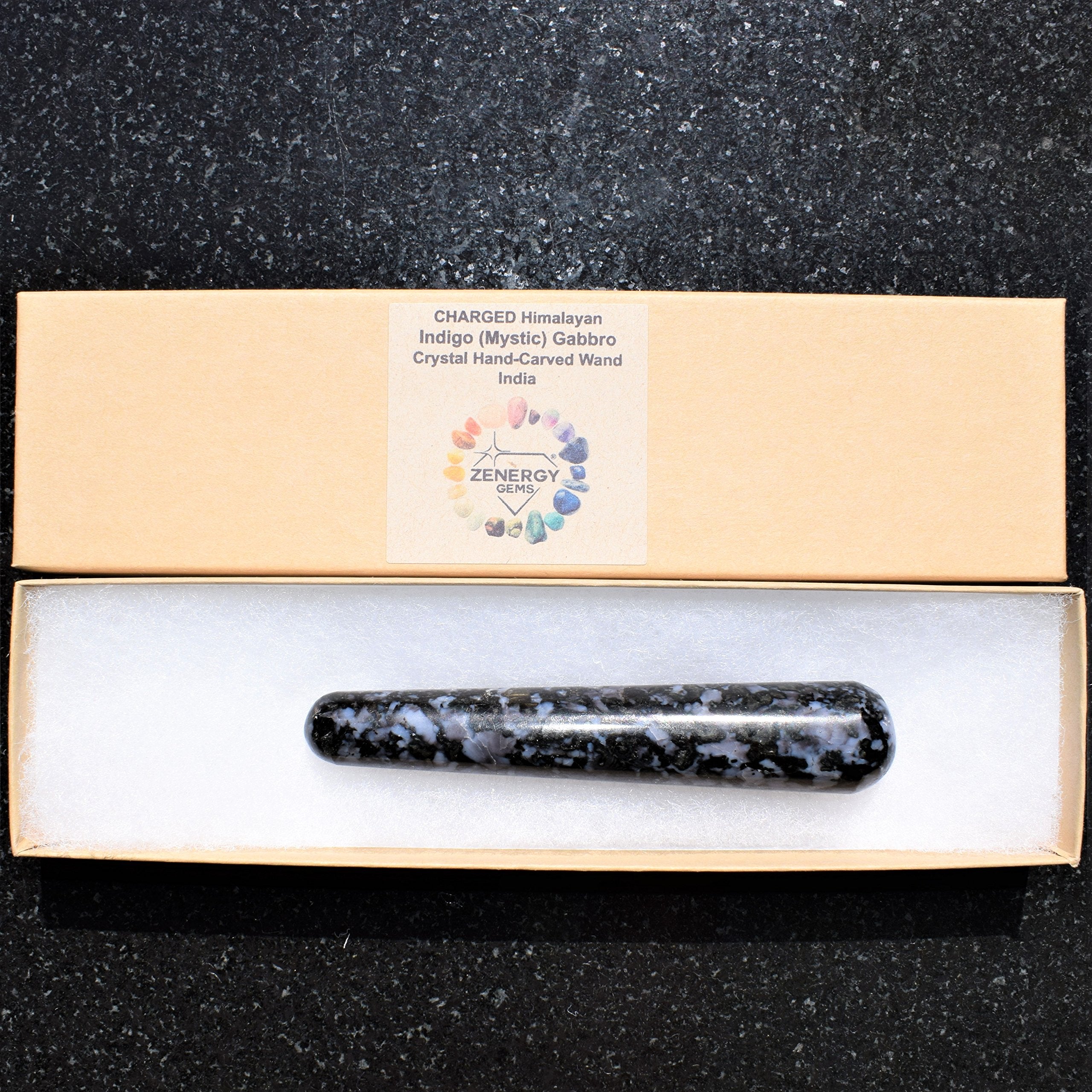 Charged 4 Mystic Indigo Gabbro Crystal Massage Wand + Selenite Charging Heart Included (Stone of Enlightenment Healing Energy)