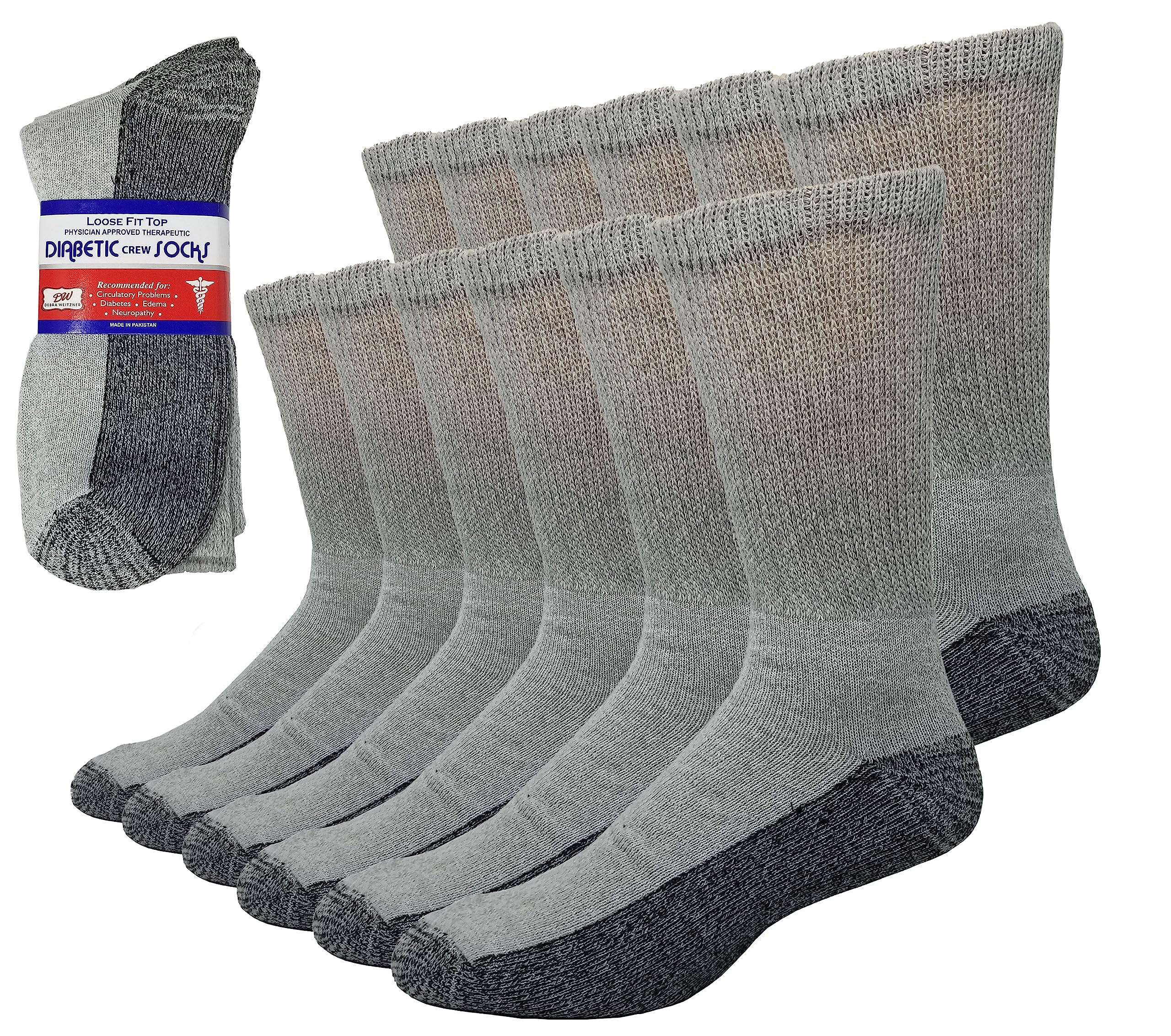 Debra Weitzner 6 Pairs Diabetic Crew Socks Reinforced Heel and Toe Non-Binding Cushion Socks for Men and Women Grey/Black Sole 9