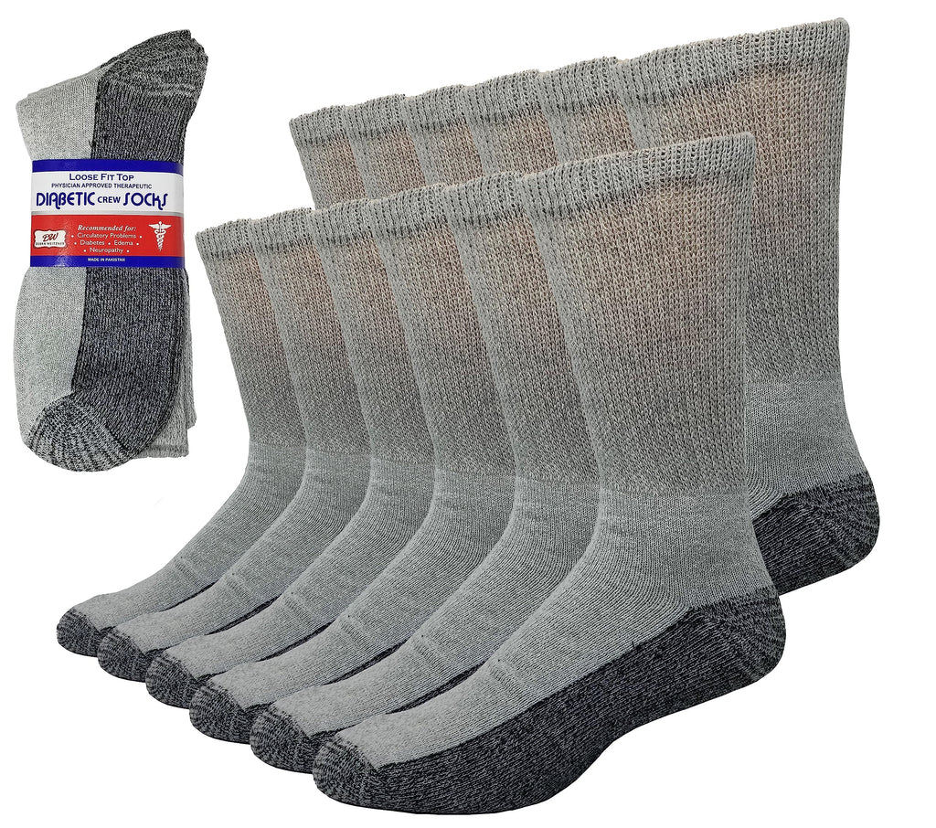Debra Weitzner 6 Pairs Diabetic Crew Socks Reinforced Heel and Toe Non-Binding Cushion Socks for Men and Women Grey/Black Sole 9