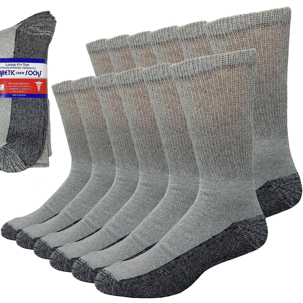 Debra Weitzner 6 Pairs Diabetic Crew Socks Reinforced Heel and Toe Non-Binding Cushion Socks for Men and Women Grey/Black Sole 9