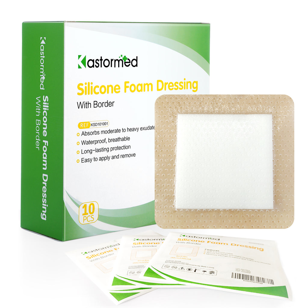 kastormed Silicone Adhesive Foam Dressing with Gentle Border 4x4 10 Pack, High Absorbency Foam Wound Bandage for Bed Sore, L