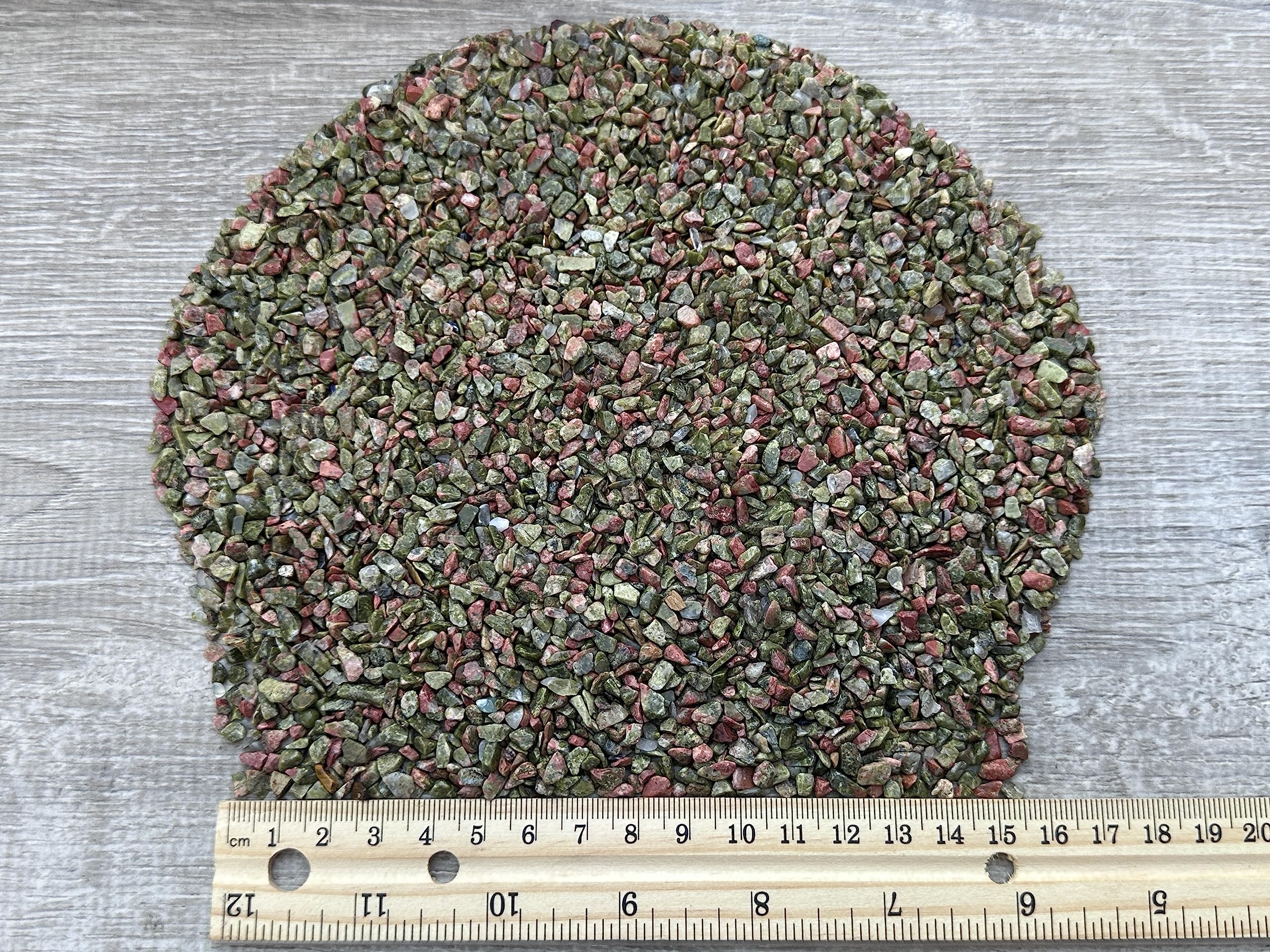 GAF TREASURES 2 oz Lot Natural Semi Tumbled Gemstone Chips, Crushed Mini Crystals, Undrilled Crystal Chips (Unakite)