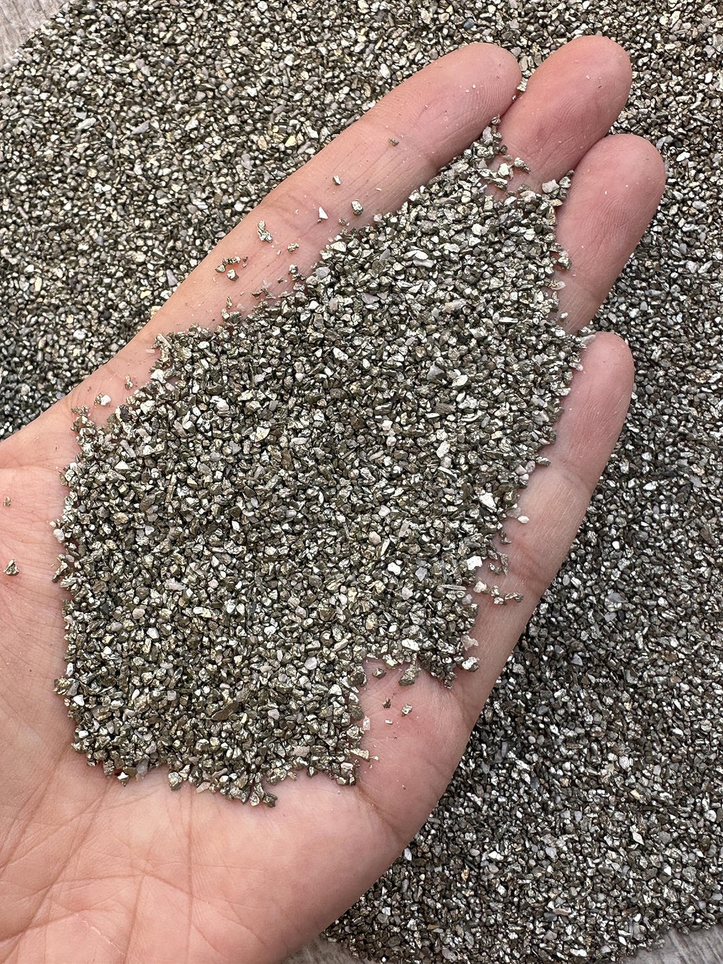 GAF TREASURES 2 oz Lot Natural Semi Tumbled Gemstone Chips, Crushed Mini Crystals, Undrilled Crystal Chips (Pyrite Sand)