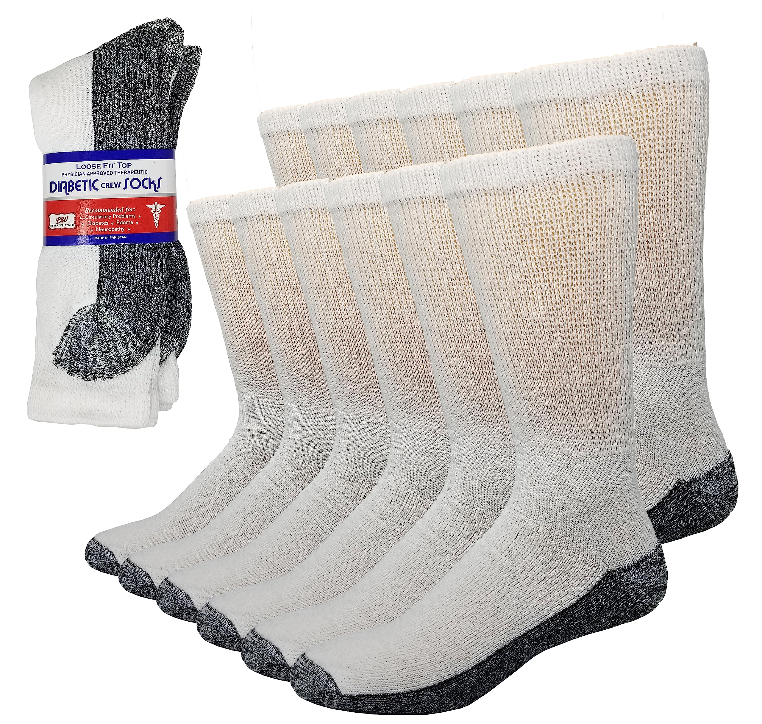 Debra Weitzner 6 Pairs Diabetic Crew Socks Reinforced Heel and Toe Non-Binding Cushion Socks for Men and Women White/Black Sole 
