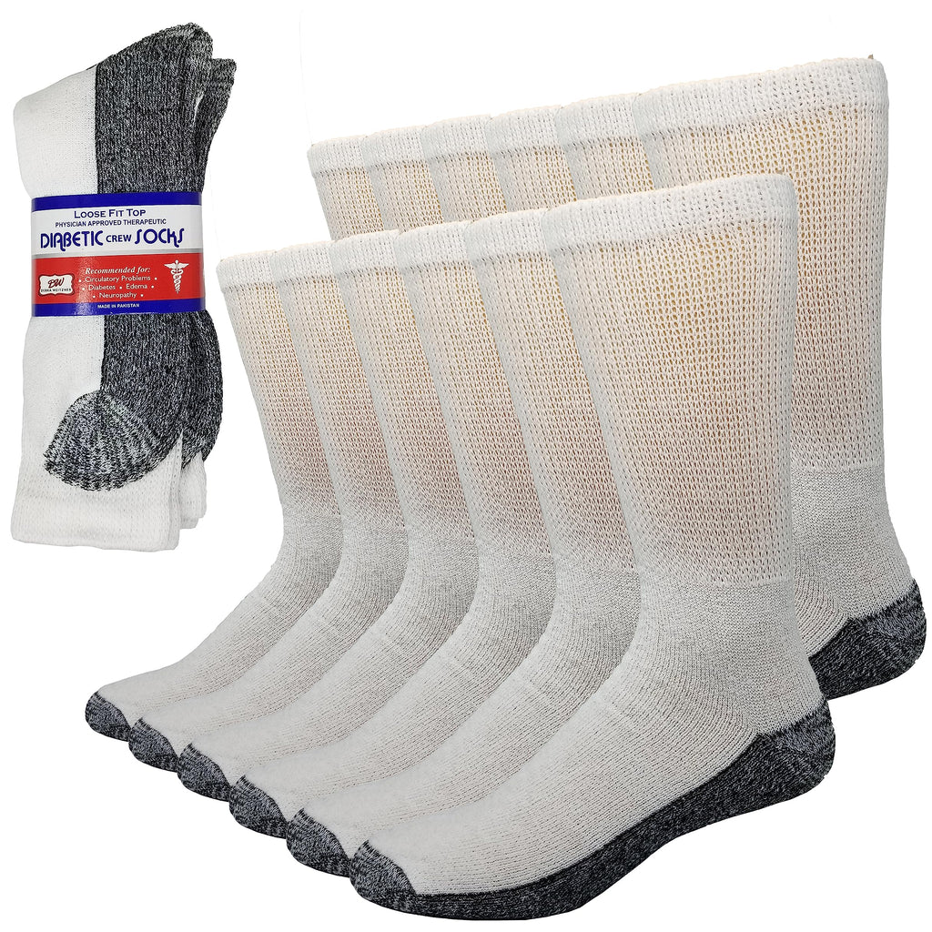 Debra Weitzner 6 Pairs Diabetic Crew Socks Reinforced Heel and Toe Non-Binding Cushion Socks for Men and Women White/Black Sole 