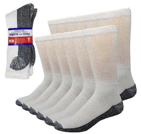 Debra Weitzner 6 Pairs Diabetic Crew Socks Reinforced Heel and Toe Non-Binding Cushion Socks for Men and Women White/Black Sole 