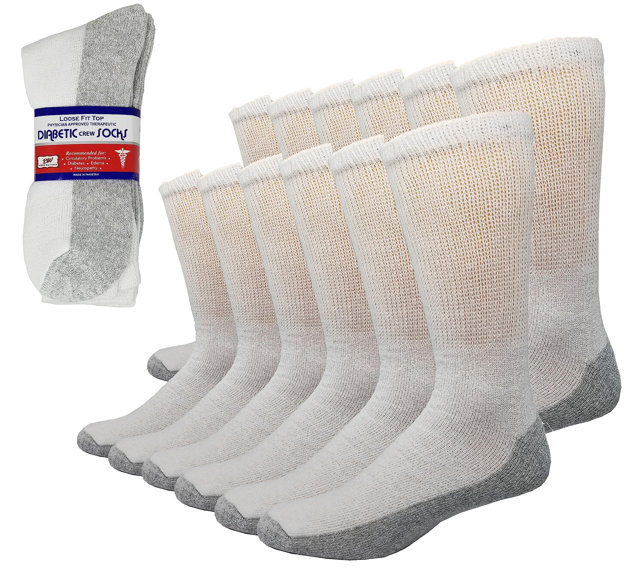 Debra Weitzner 6 Pairs Diabetic Crew Socks Reinforced Heel and Toe Non-Binding Cushion Socks for Men and Women White/Grey Sole 1