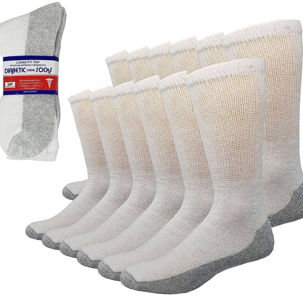 Debra Weitzner 6 Pairs Diabetic Crew Socks Reinforced Heel and Toe Non-Binding Cushion Socks for Men and Women White/Grey Sole 1