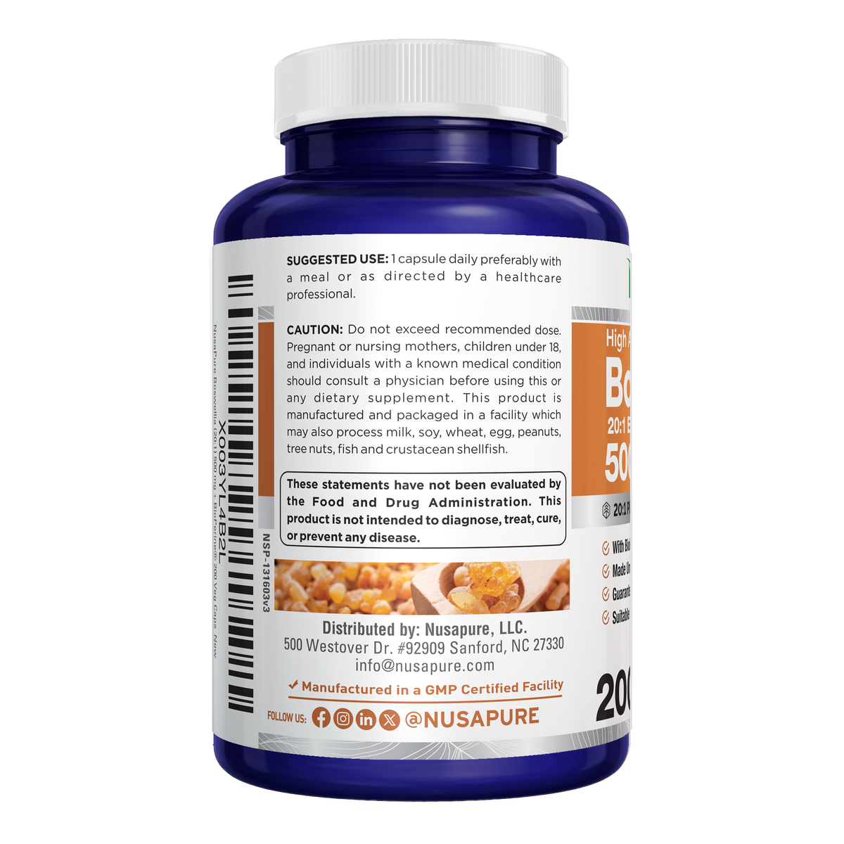 NusaPure Boswellia Serrata 500 mg Per Veggie Caps 200 Count (Ext. 20:1, Non-GMO, Vegetarian, Bioperine) Ayurvedic Herb: Indian Olibanum, Frankincense