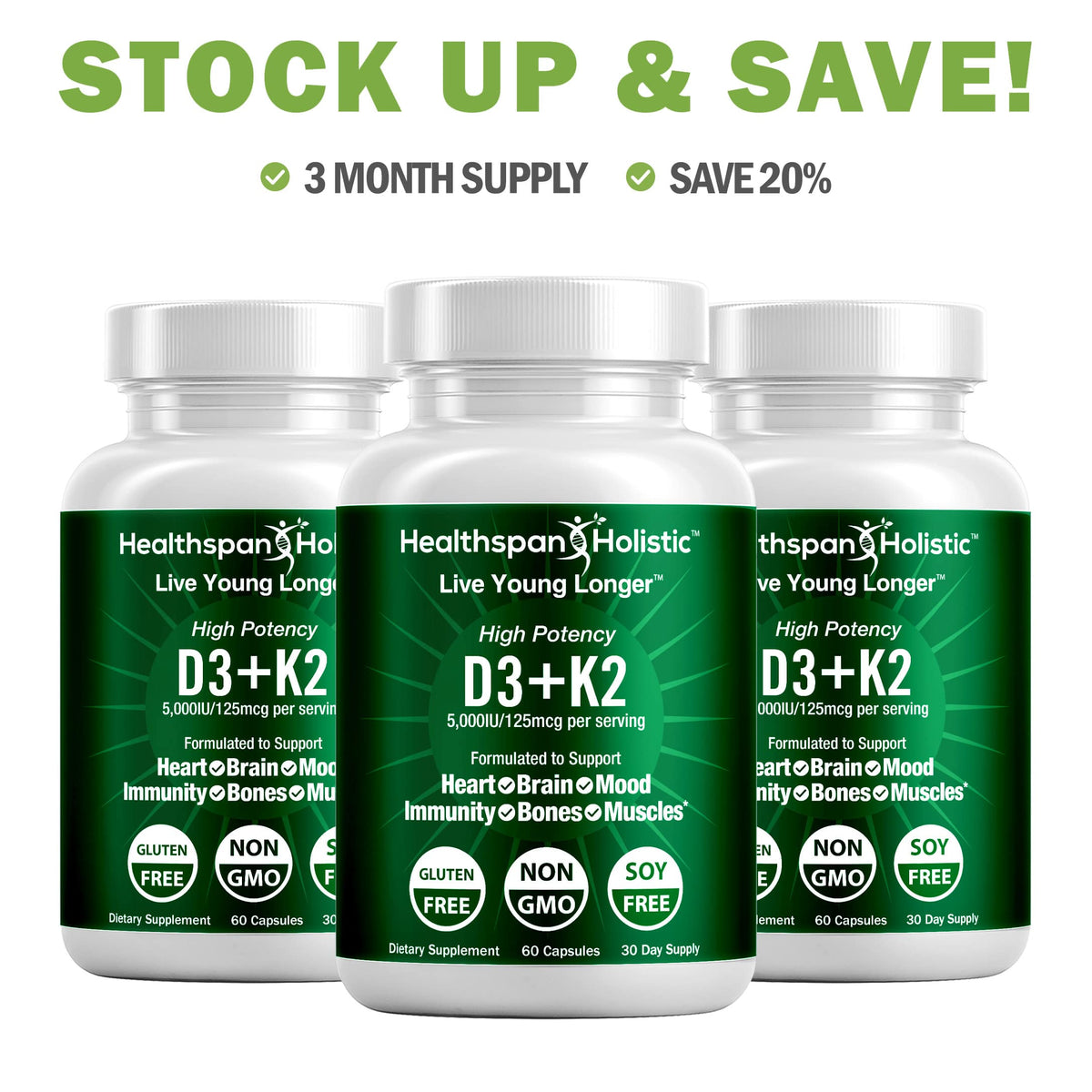 High Potency Vitamin D3 + K2 Supplement 60 Capsules
