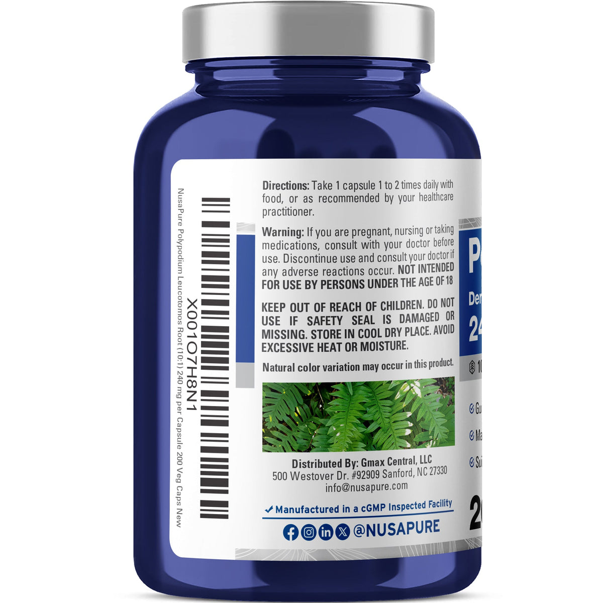 NusaPure Polypodium Leucotomos 10:1 Extract, 240 mg 200 Veggie Capsules (Vegetarian, Non-GMO, Vegan)