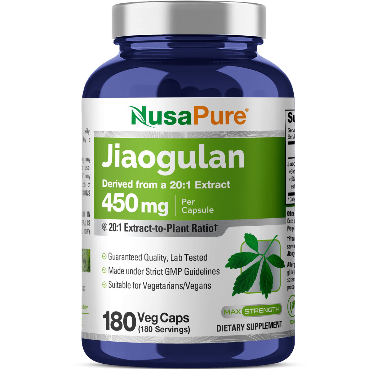 NusaPure Jiaogulan 20:1 Extract, 450 mg 180 Veggie Capsules (Vegetarian, Non-GMO, Vegan) Gynostemma Pentaphyllum